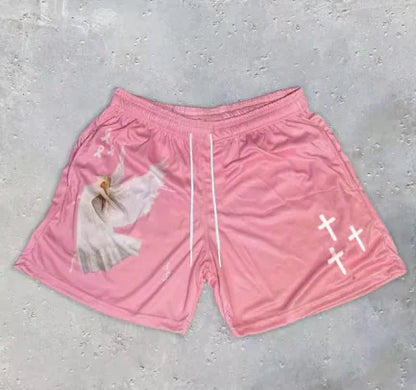 Y2K Christian Angel Cross Print Gym Shorts