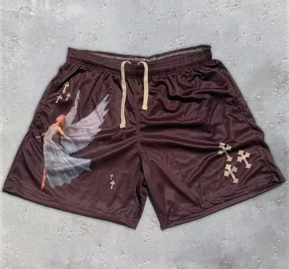 Y2K Christian Angel Cross Print Gym Shorts